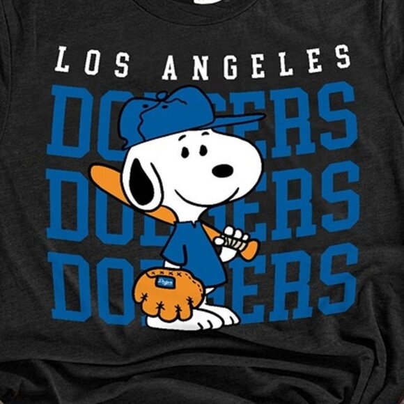 Snoopy Playing Baseball Los Angeles Dodgers MLB Team Pride Crossover Graphic Tee - Picture 2 of 5
